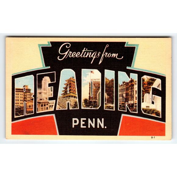 Vintage Large Letter Reading PA Linen Postcard W.G. Mergent News Agency D-1 - Picture 1 of 2